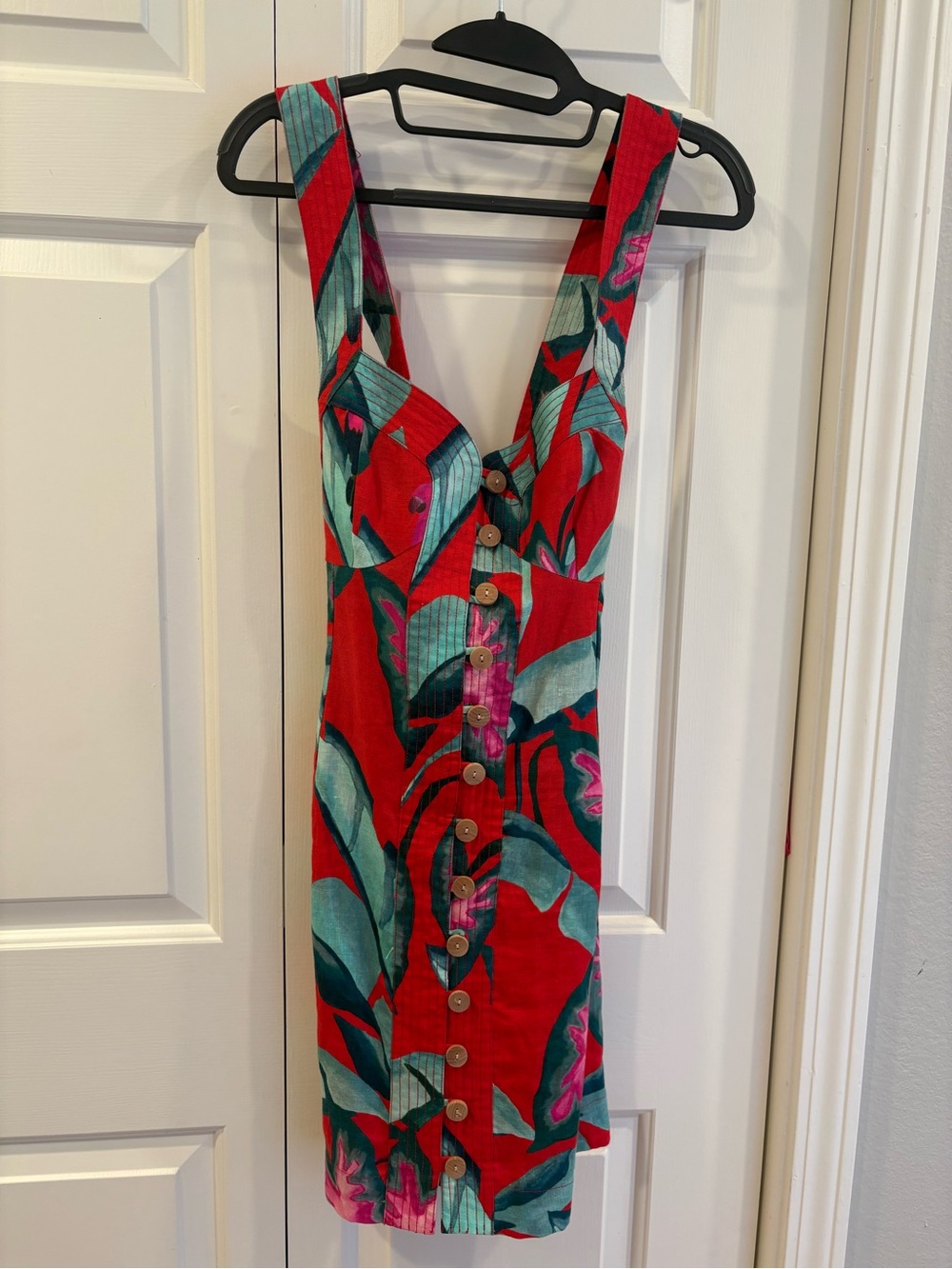 FARM Rio Red Tropical Button-Front Mini Dress with Teal Leaves